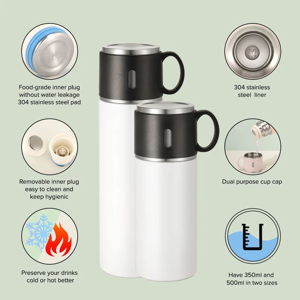 350ml Stainless Steel Bottle with Cup Lid - White - Image 4