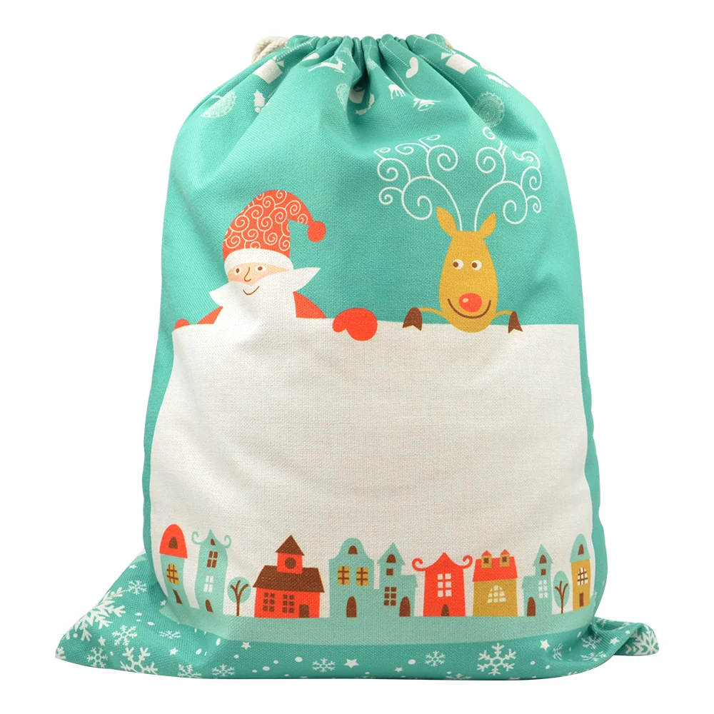 Pre-Printed Linen Drawstring Xmas Sack - 30 x 40 cm - Green Small - Image 3