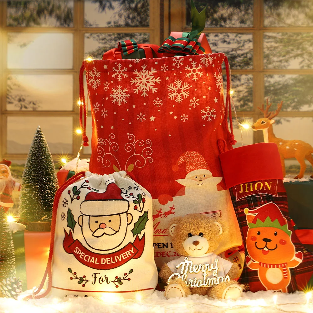 Large Red Linen Christmas Gift Sack with Drawstring – 50 x 66 cm - Image 6